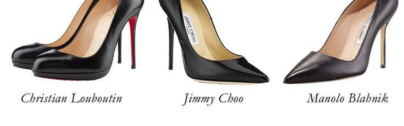 Christian Louboutin, Jimmy Choo, and Manolo Blahnik black pointed-toe pumps side by side