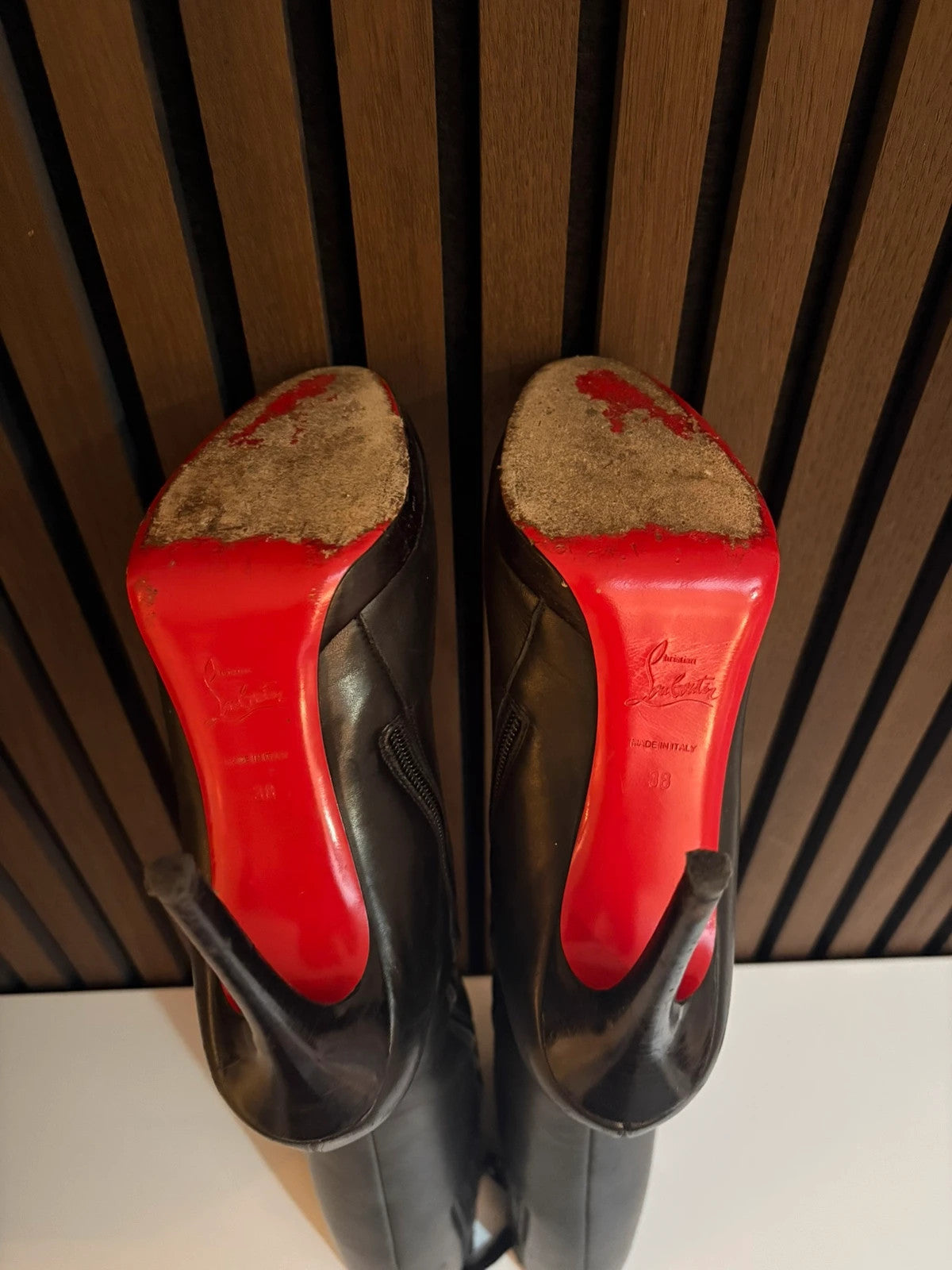 Christian Louboutin Bianca Black (image 5) Christian Louboutin Bianca 140 Black Leather Knee-High Boots - heel and construction