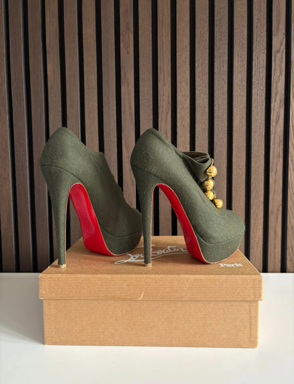 Christian Louboutin Flannel Loubout Dark Green (image 3) Christian Louboutin Flannel Loubout 150 Dark Green Cotton Ankle Boots - detail view