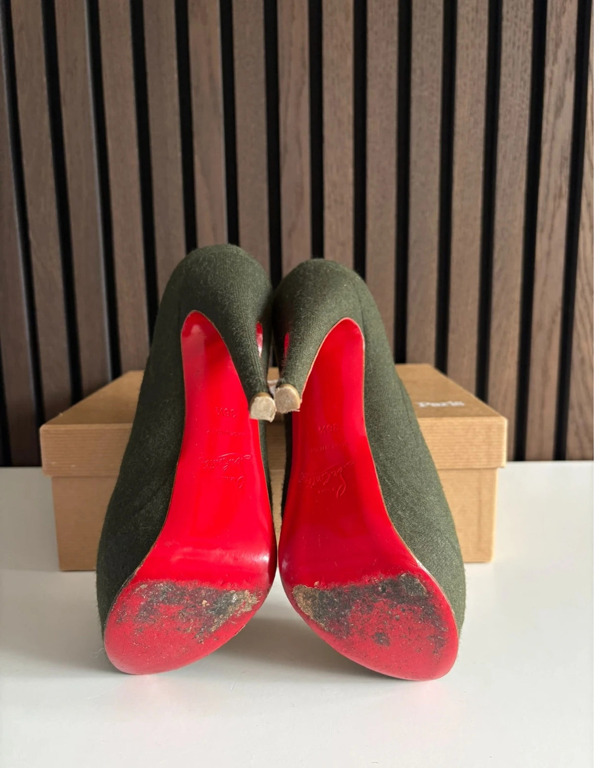 Christian Louboutin Flannel Loubout Dark Green (image 5) Christian Louboutin Flannel Loubout 150 Dark Green Cotton Ankle Boots - heel and construction