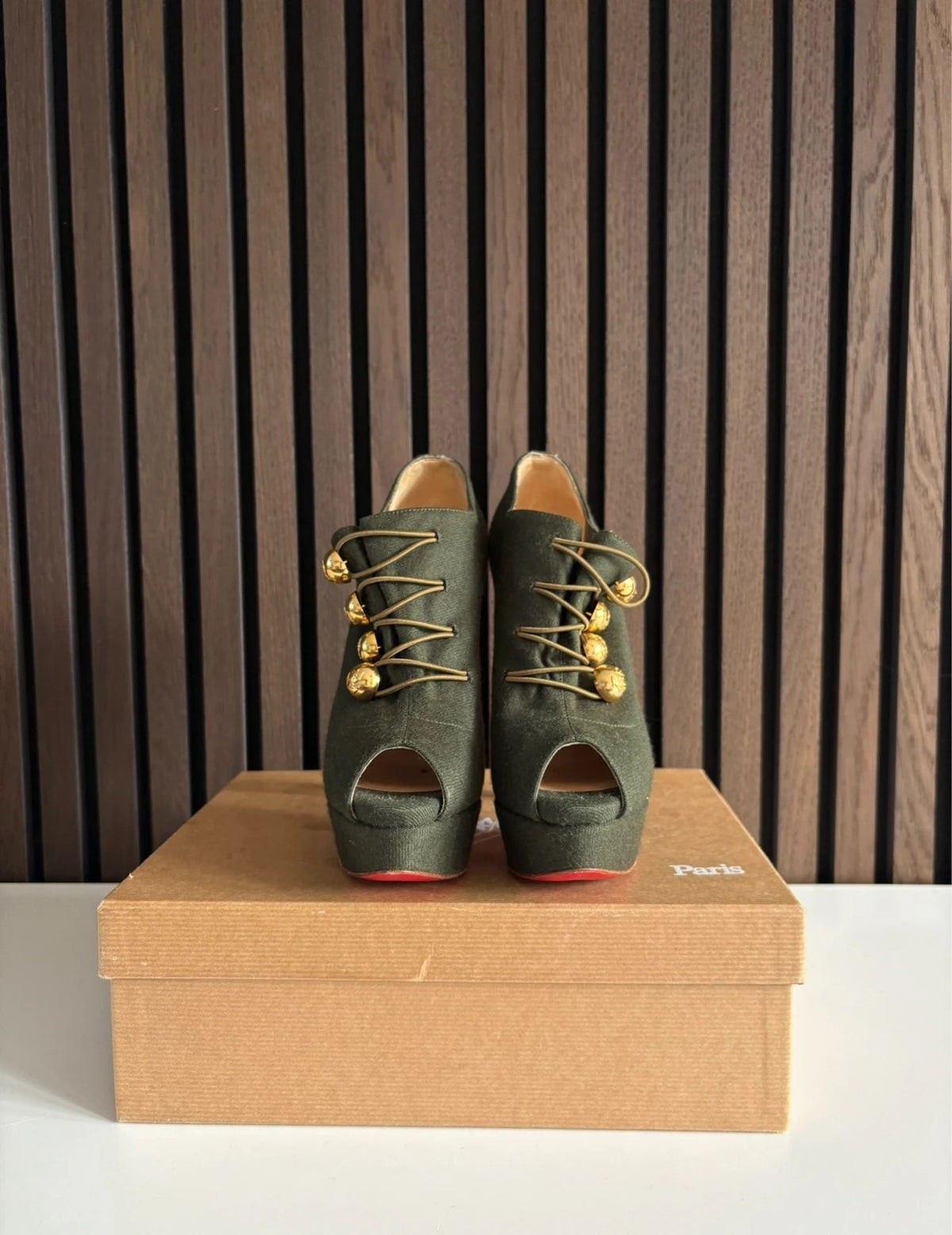 Christian Louboutin Flannel Loubout Dark Green (image 4) Christian Louboutin Flannel Loubout 150 Dark Green Cotton Ankle Boots - red sole detail