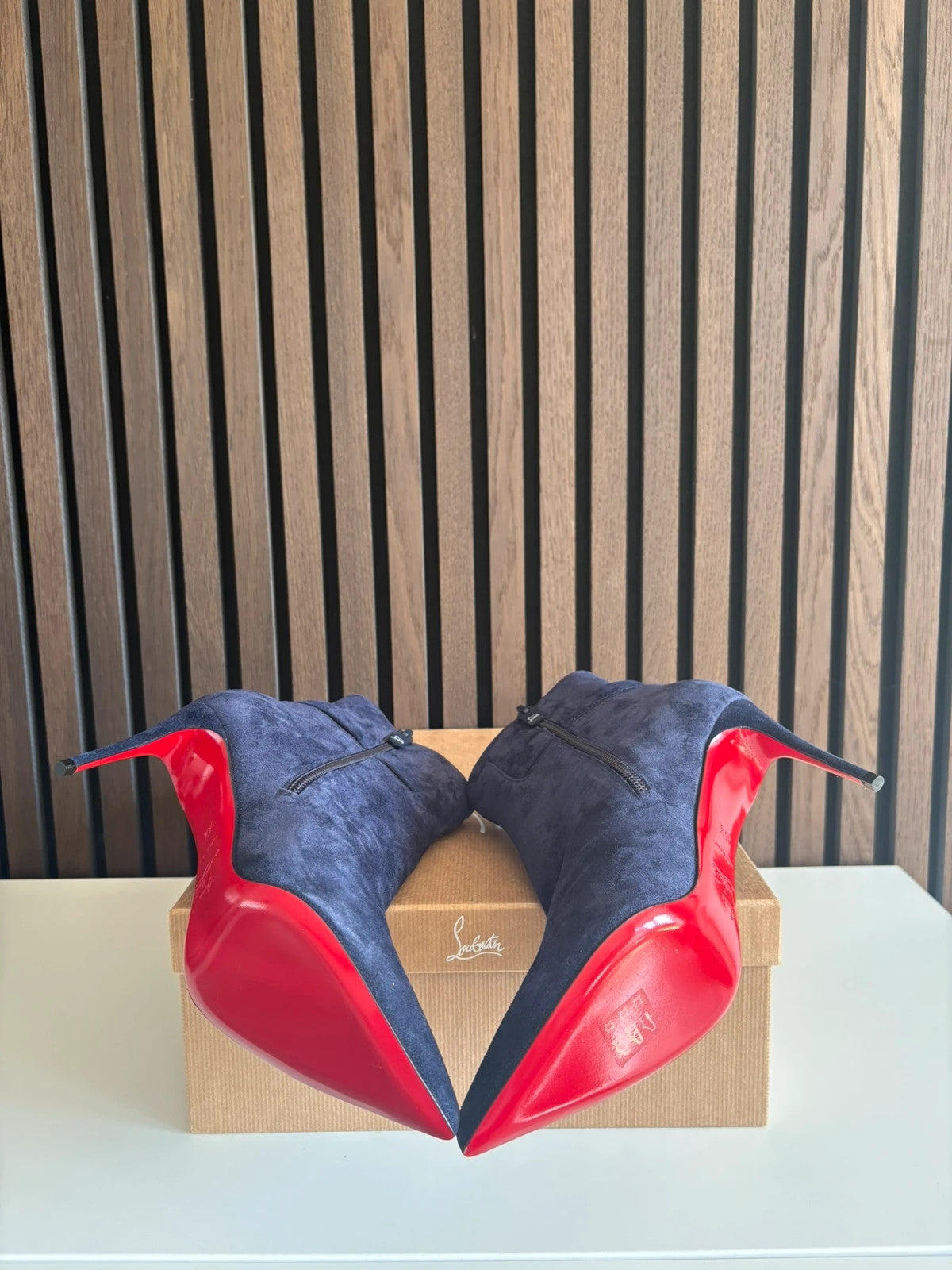 Christian Louboutin So Kate Booty Navy (image 5) Christian Louboutin So Kate Booty 120 Navy Suede Ankle Boots - heel and construction
