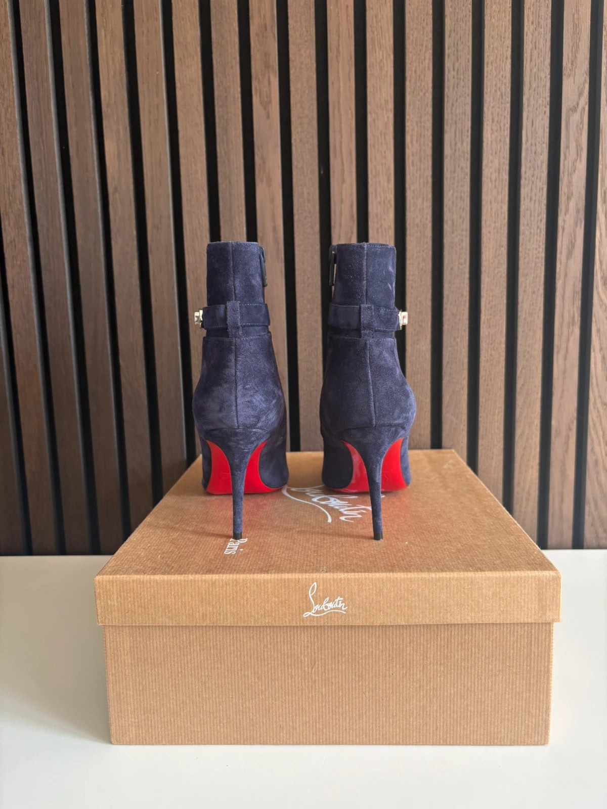 Christian Louboutin So Kate Booty Navy (image 4) Christian Louboutin So Kate Booty 120 Navy Suede Ankle Boots - red sole detail
