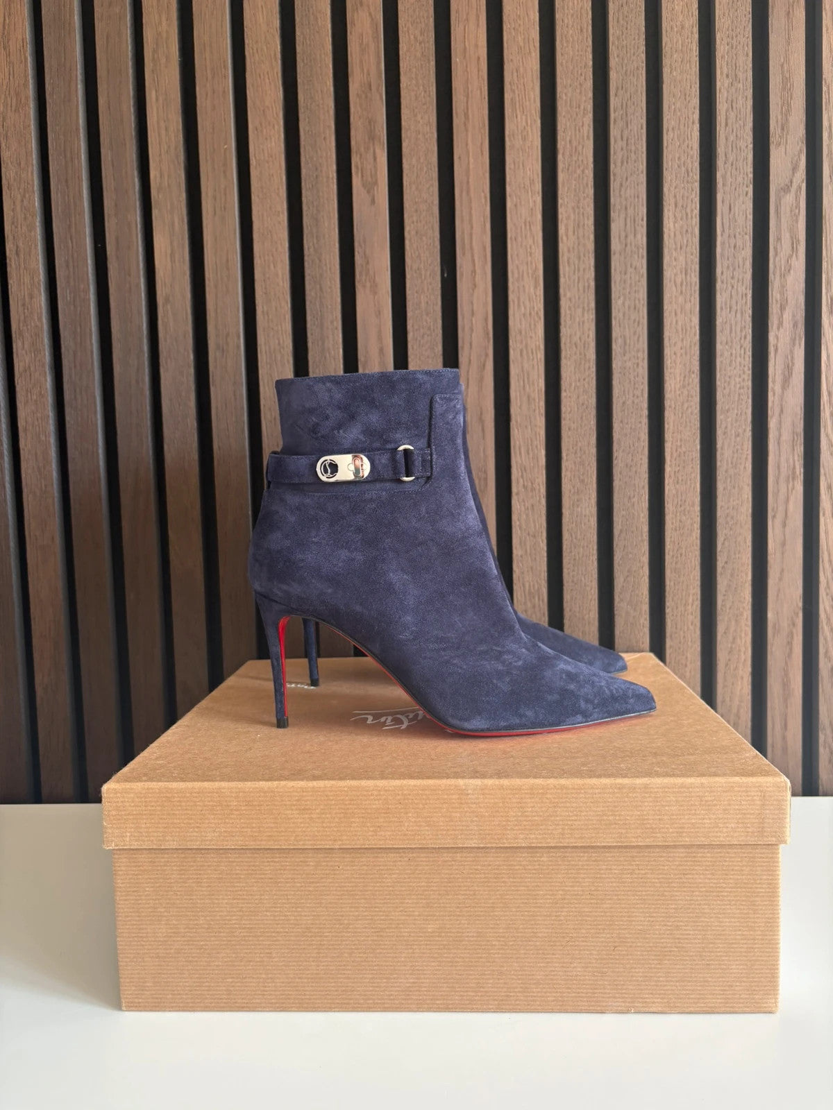 Christian Louboutin So Kate Booty Navy (image 2) Christian Louboutin So Kate Booty 120 Navy Suede Ankle Boots - alternate angle