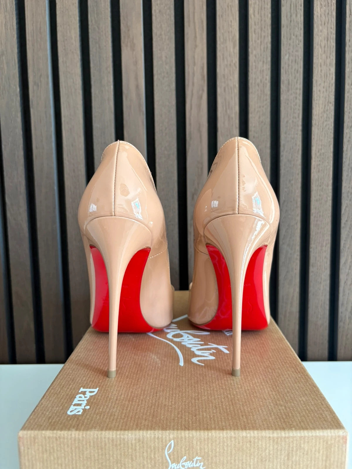 Christian Louboutin So Kate Nude (image 4) Christian Louboutin So Kate 120 Nude Patent Leather Heels - red sole detail