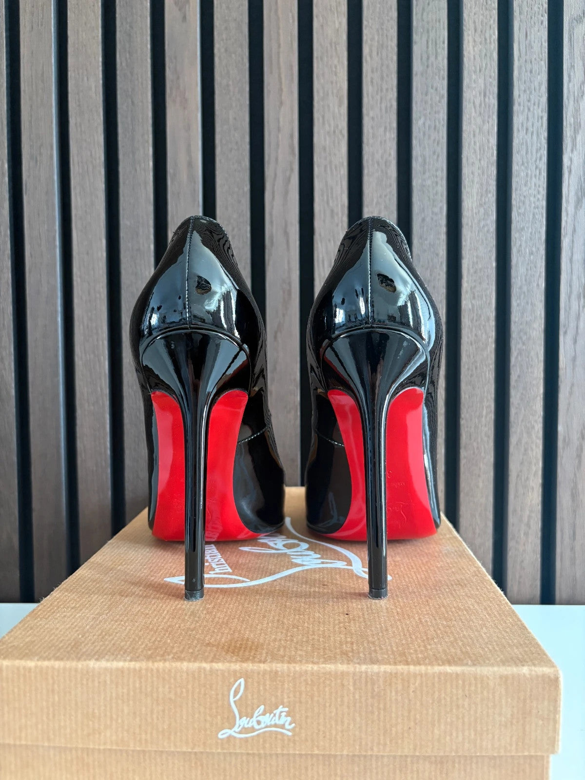 Christian Louboutin Pigalle Black (image 3) Christian Louboutin Pigalle 100 Black Patent Leather Heels - detail view