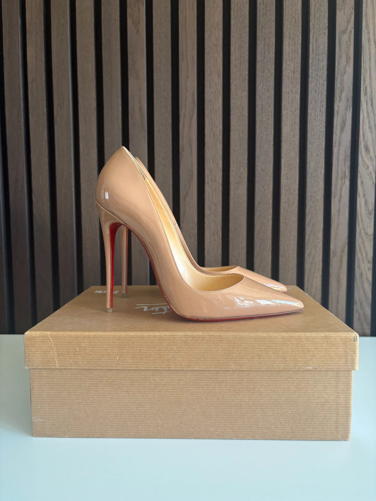 Christian Louboutin So Kate Nude (image 3) Christian Louboutin So Kate 120 Nude Patent Leather Heels - detail view