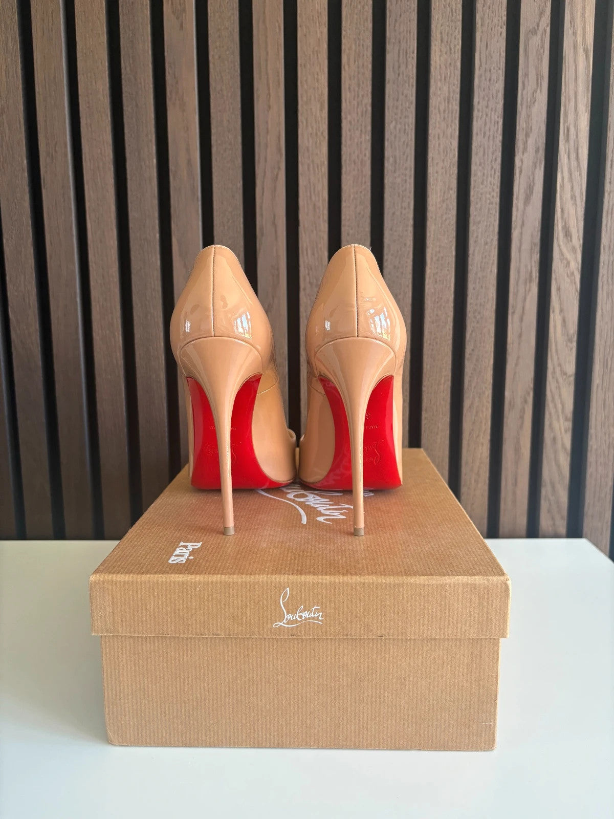 Christian Louboutin So Kate Nude (image 4) Christian Louboutin So Kate 120 Nude Patent Leather Heels - red sole detail