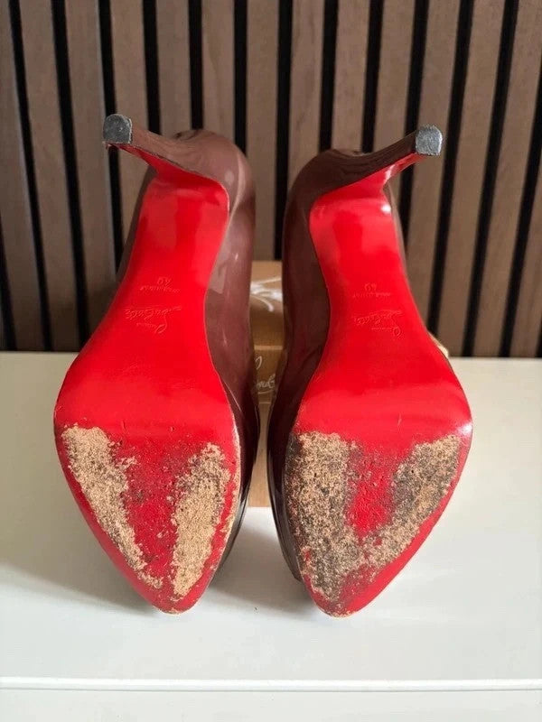 Christian Louboutin Lady Peep Brown (image 5) Christian Louboutin Lady Peep 150 Brown Patent Leather Heels - heel and construction