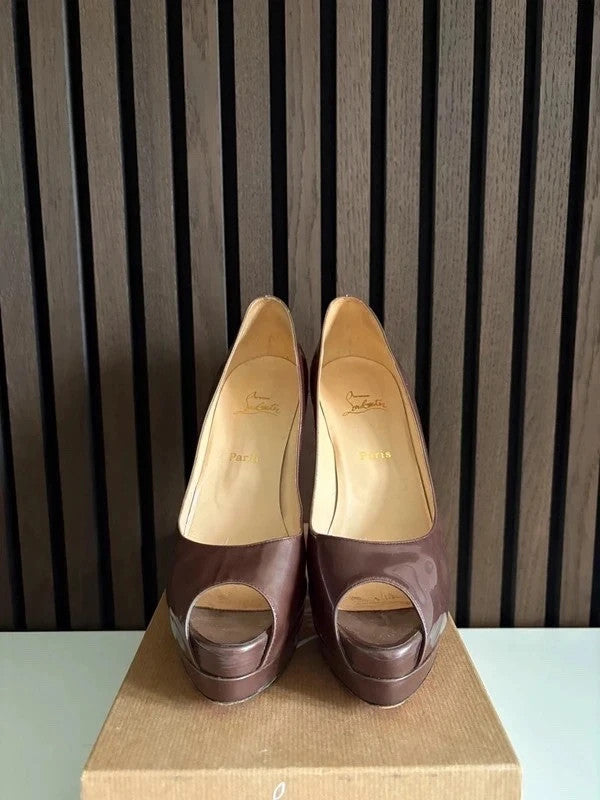 Christian Louboutin Lady Peep Brown (image 4) Christian Louboutin Lady Peep 150 Brown Patent Leather Heels - red sole detail