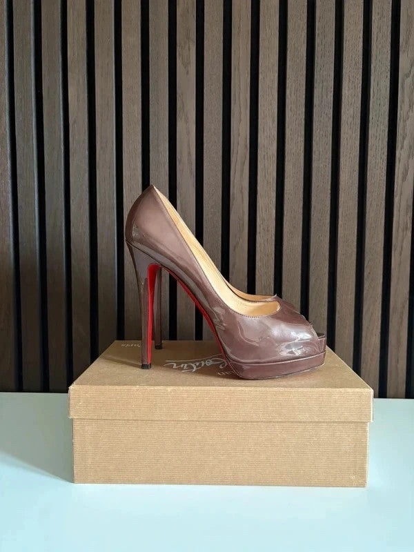 Christian Louboutin Lady Peep Brown (image 2) Christian Louboutin Lady Peep 150 Brown Patent Leather Heels - alternate angle