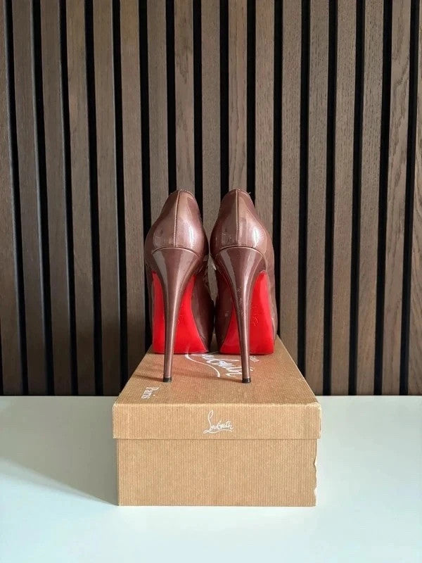 Christian Louboutin Lady Peep Brown (image 3) Christian Louboutin Lady Peep 150 Brown Patent Leather Heels - detail view