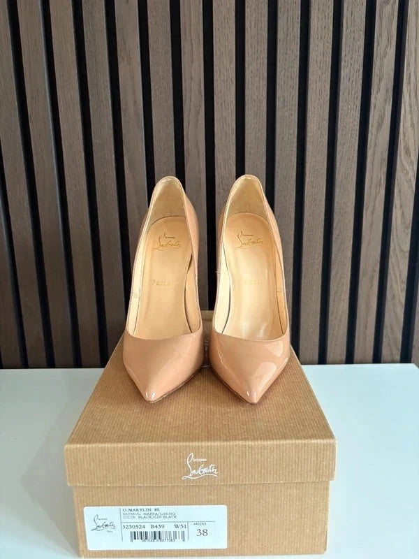 Christian Louboutin Pigalle Nude (image 3) Christian Louboutin Pigalle 100 Nude Patent Leather Heels - detail view