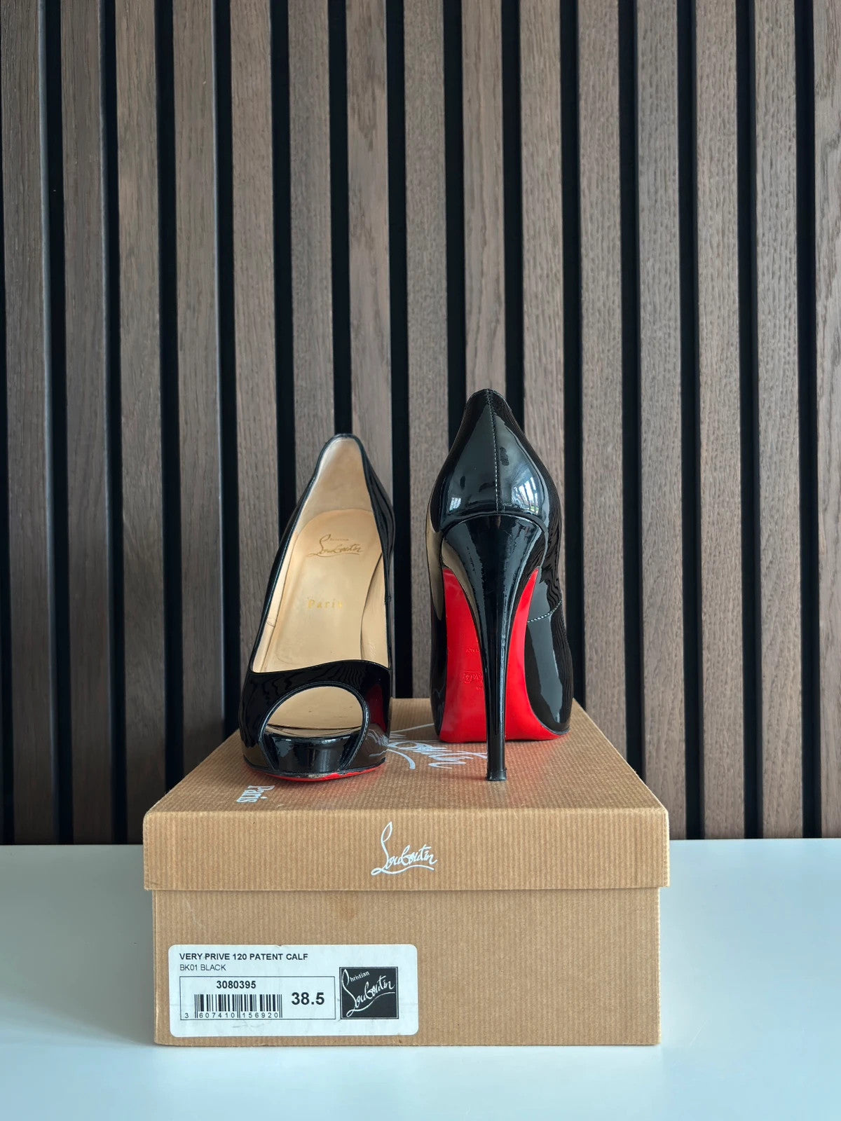 Christian Louboutin Very Prive Black (image 3) Christian Louboutin Very Prive 120 Black Patent Leather Heels - detail view