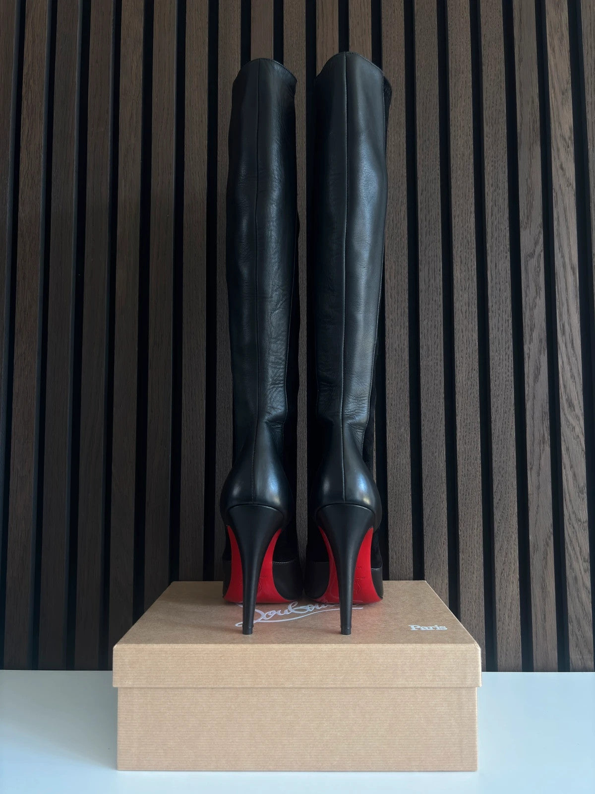 Christian Louboutin YSA Black (image 4) Christian Louboutin YSA 100 Black Suede Knee-High Boots - red sole detail