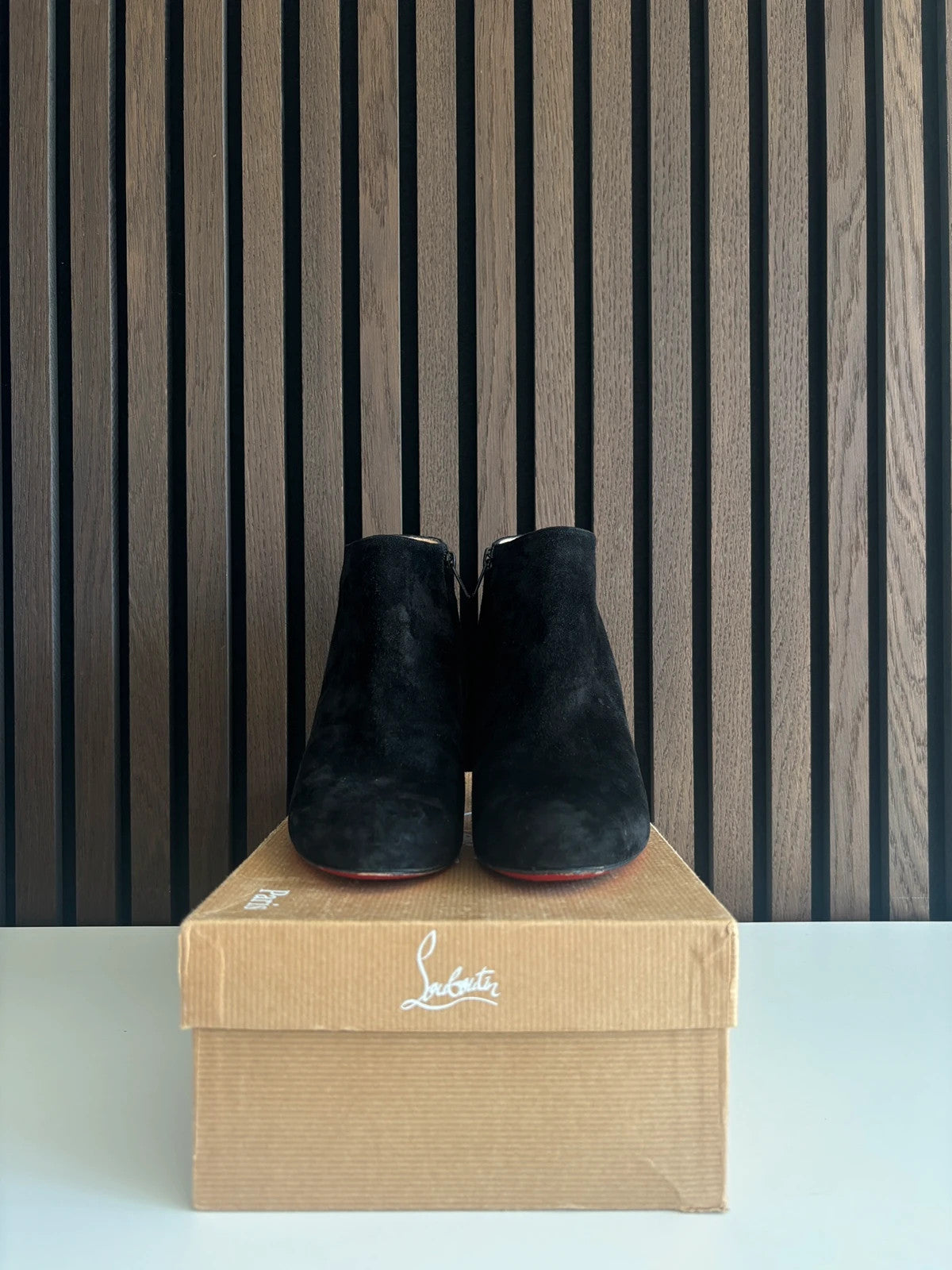Christian Louboutin Eleanor Plume Black (image 4) Christian Louboutin Eleanor Plume Black Suede Ankle Boots - red sole detail