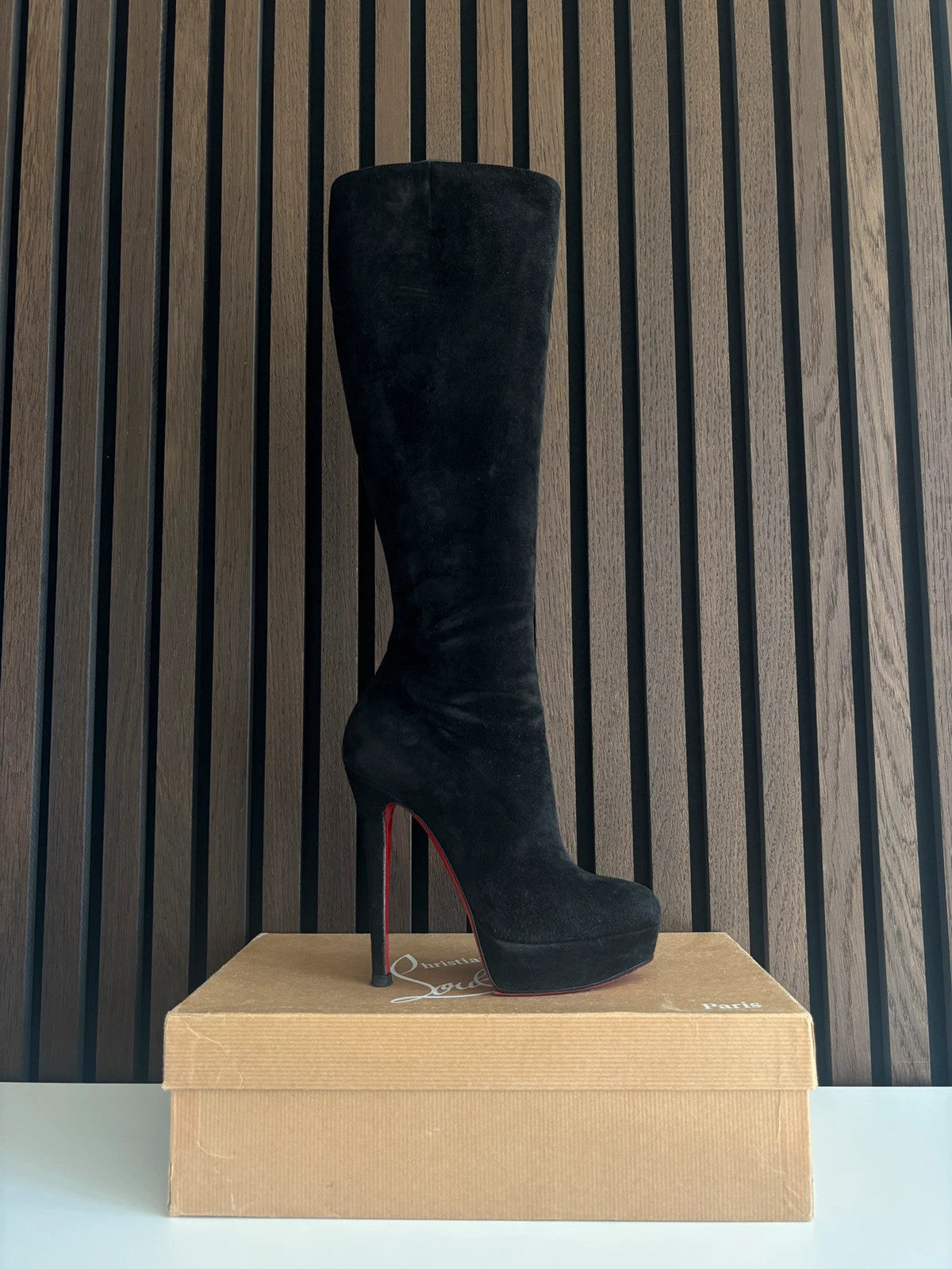 Christian Louboutin Daffodile Black (image 4) Christian Louboutin Daffodile 160 Black Suede Knee-High Boots - red sole detail