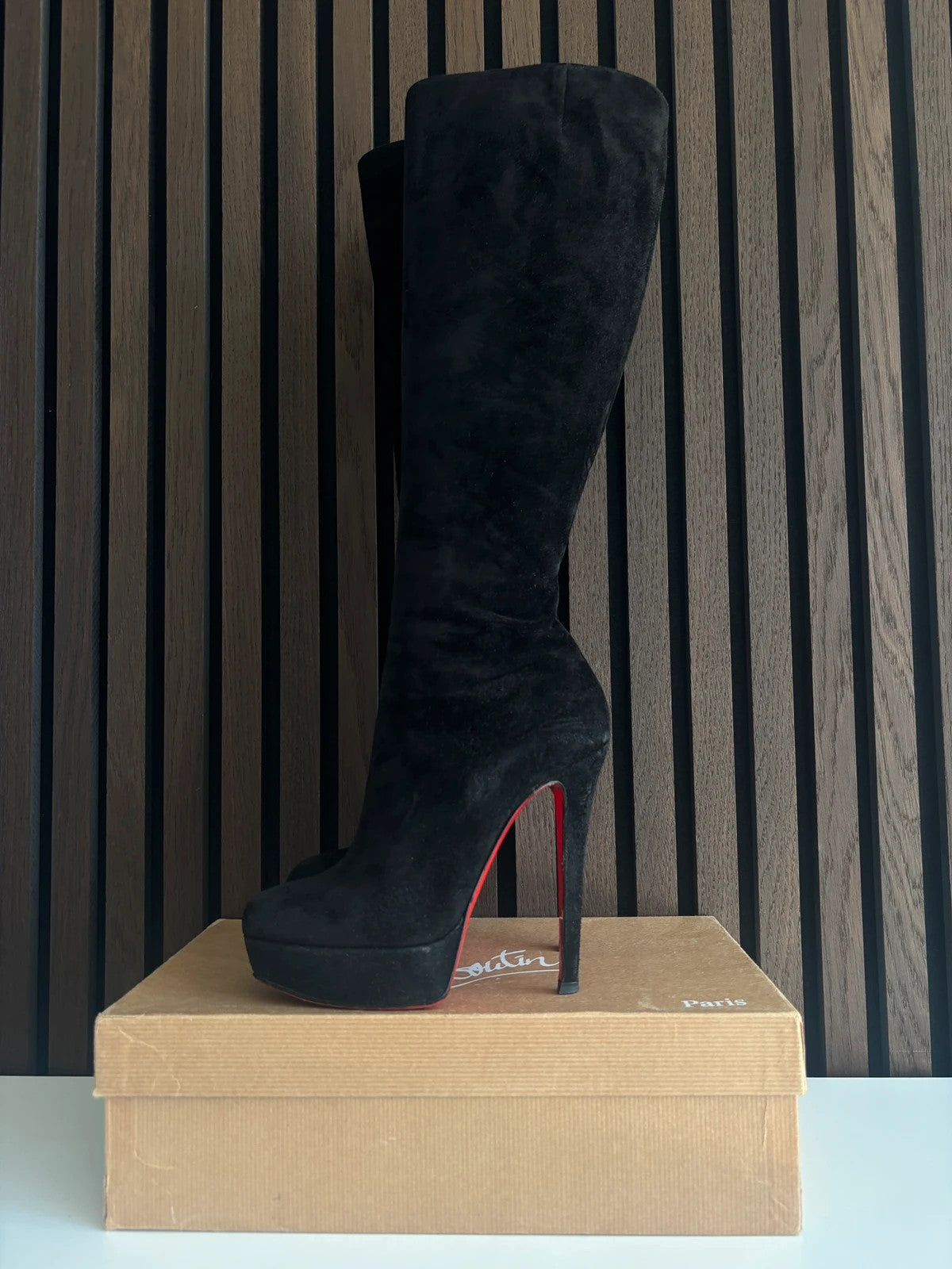 Christian Louboutin Daffodile Black (image 3) Christian Louboutin Daffodile 160 Black Suede Knee-High Boots - detail view