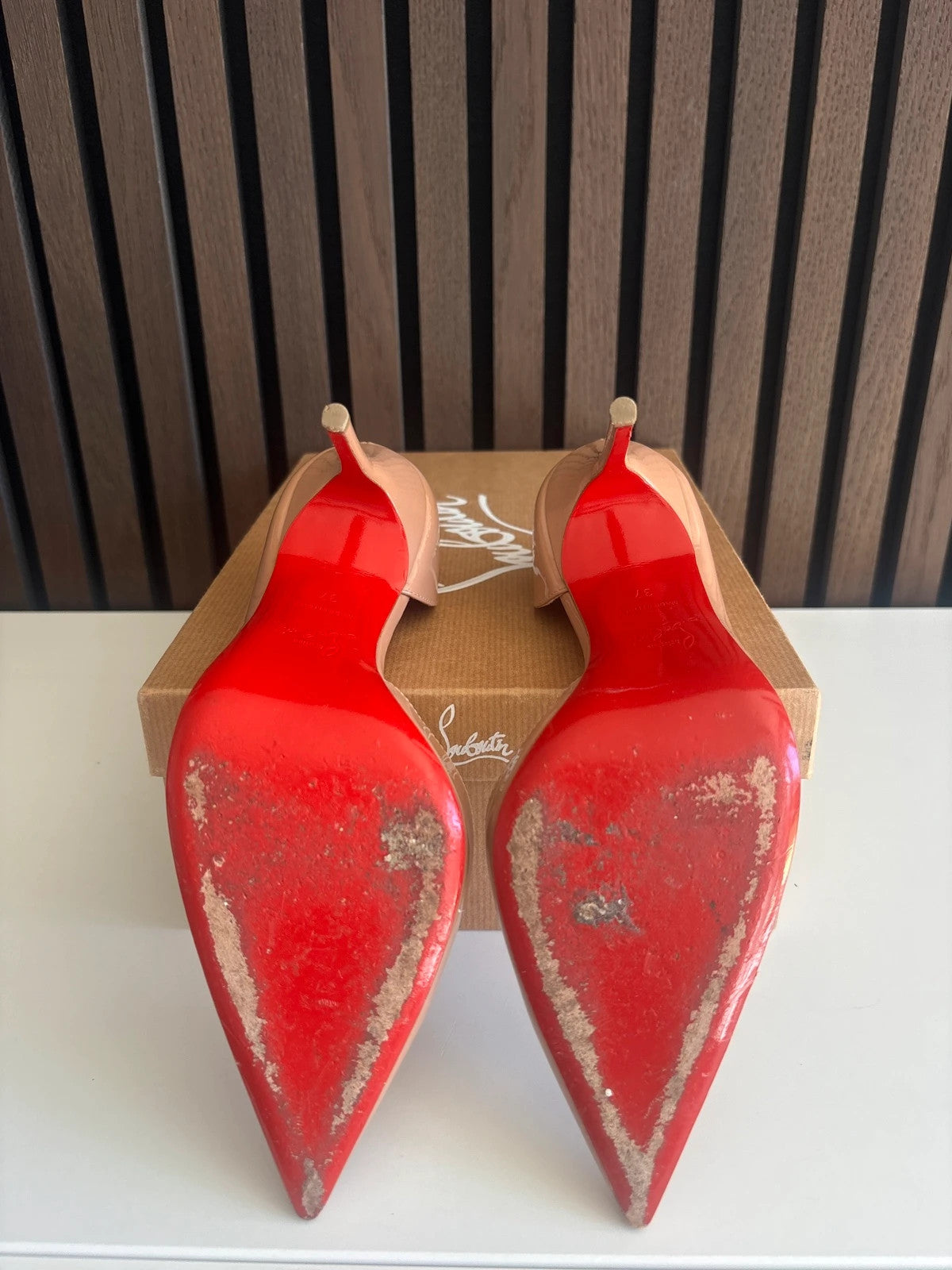 Christian Louboutin Iriza Nude (image 5) Christian Louboutin Iriza 100 Nude Patent Leather Heels - heel and construction