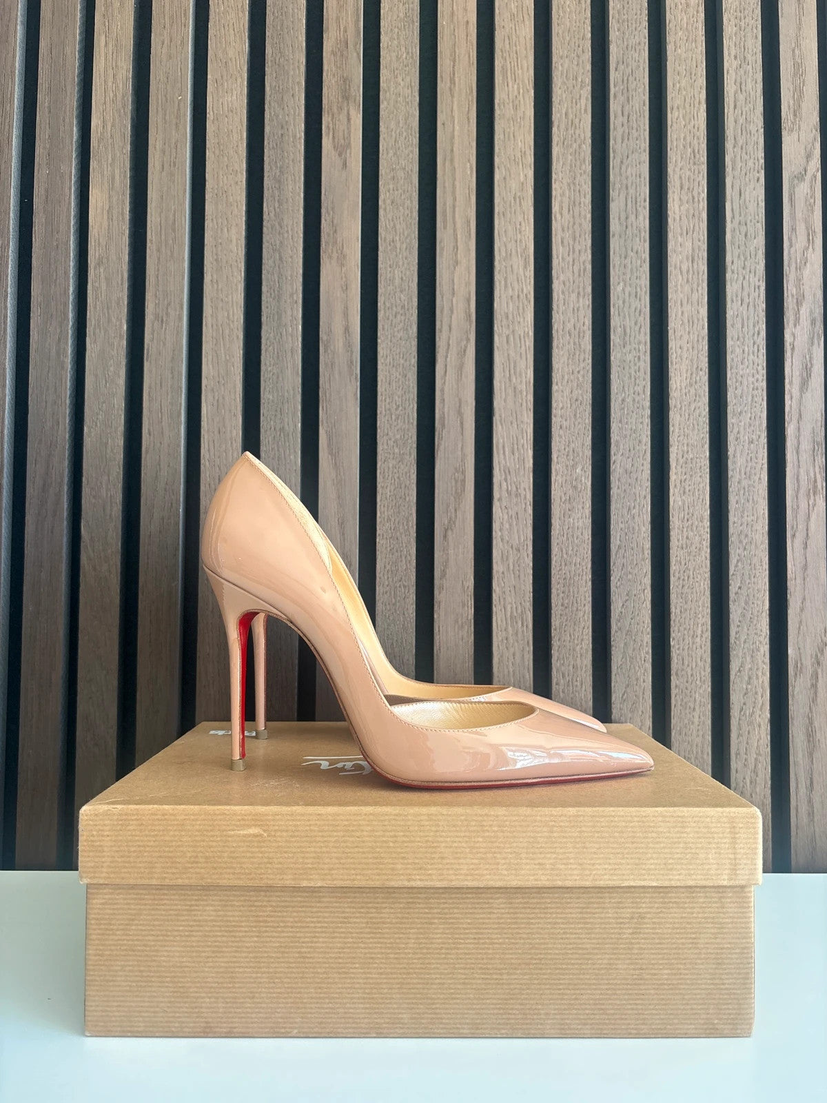 Christian Louboutin Iriza Nude (image 6) Christian Louboutin Iriza 100 Nude Patent Leather Heels - additional view 6