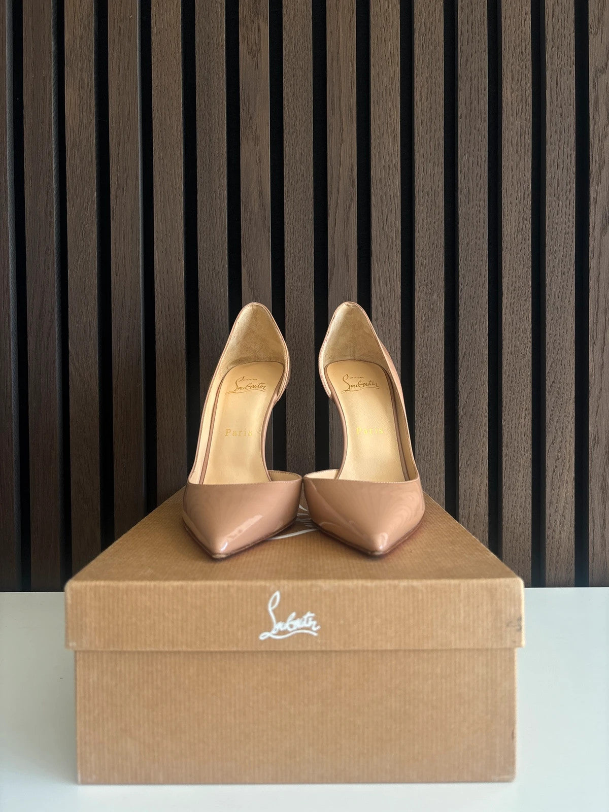 Christian Louboutin Iriza Nude (image 3) Christian Louboutin Iriza 100 Nude Patent Leather Heels - detail view