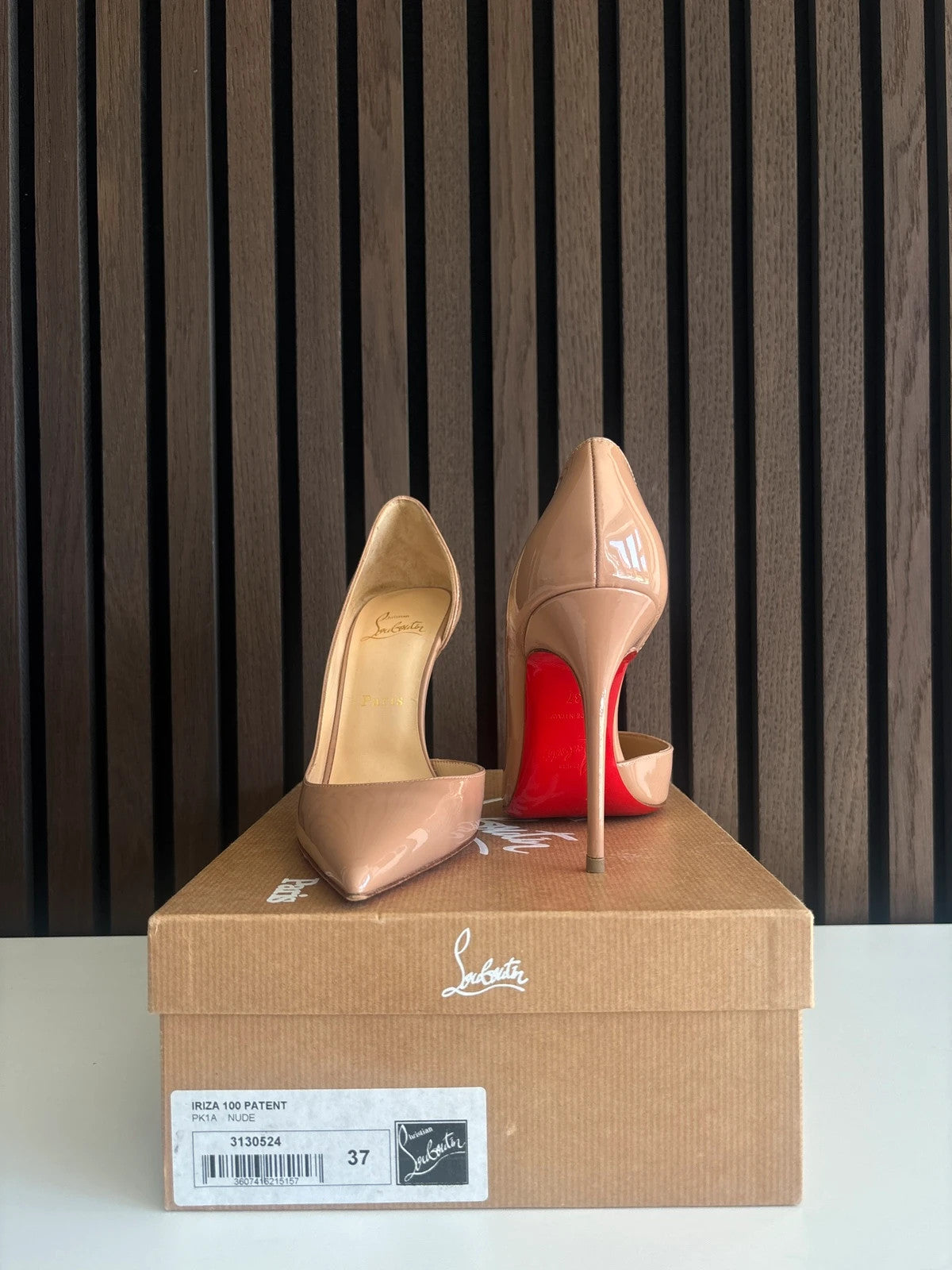 Christian Louboutin Iriza Nude (image 2) Christian Louboutin Iriza 100 Nude Patent Leather Heels - alternate angle