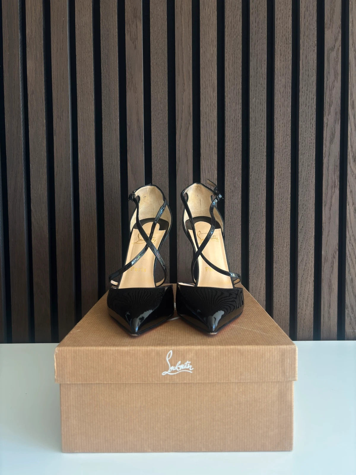 Christian Louboutin Cross Blake Black (image 3) Christian Louboutin Cross Blake 100 Black Patent Leather Heels - detail view