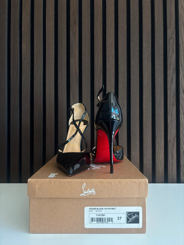 Christian Louboutin Cross Blake 100 Black Patent Leather Heels - Detail