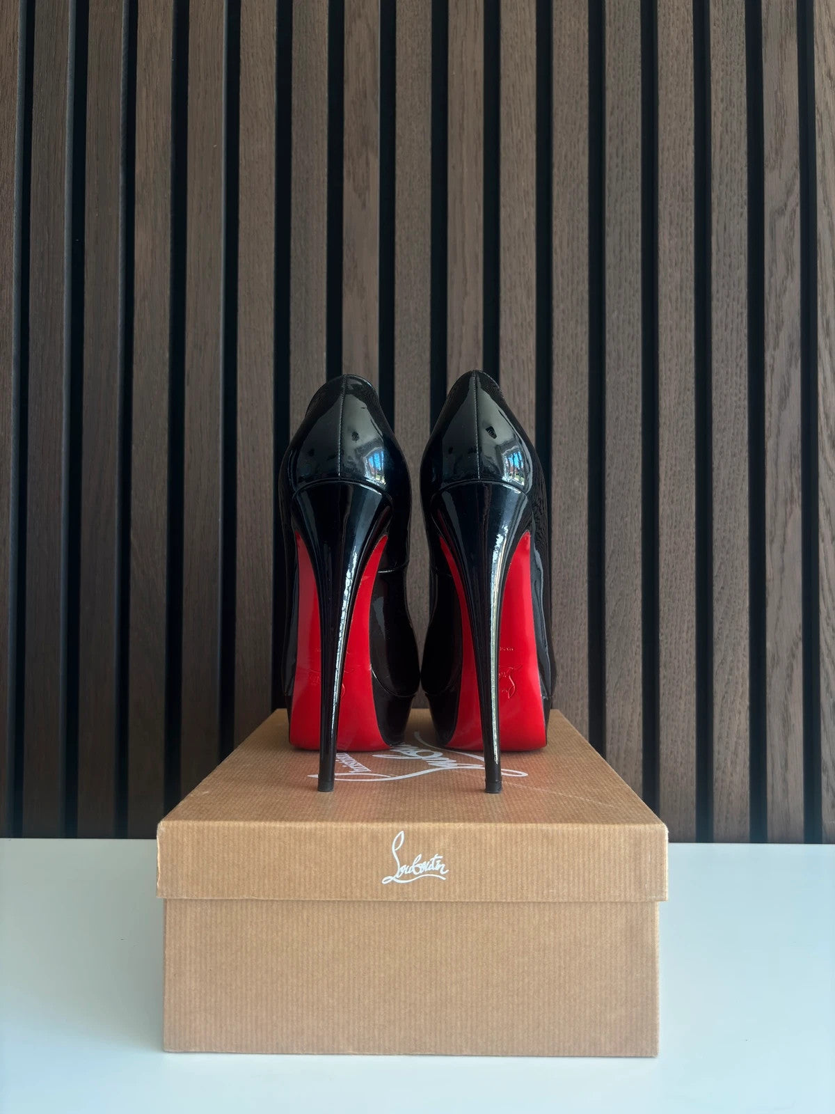 Christian Louboutin Lady Peep Black (image 4) Christian Louboutin Lady Peep 150 Black Patent Leather Heels - red sole detail