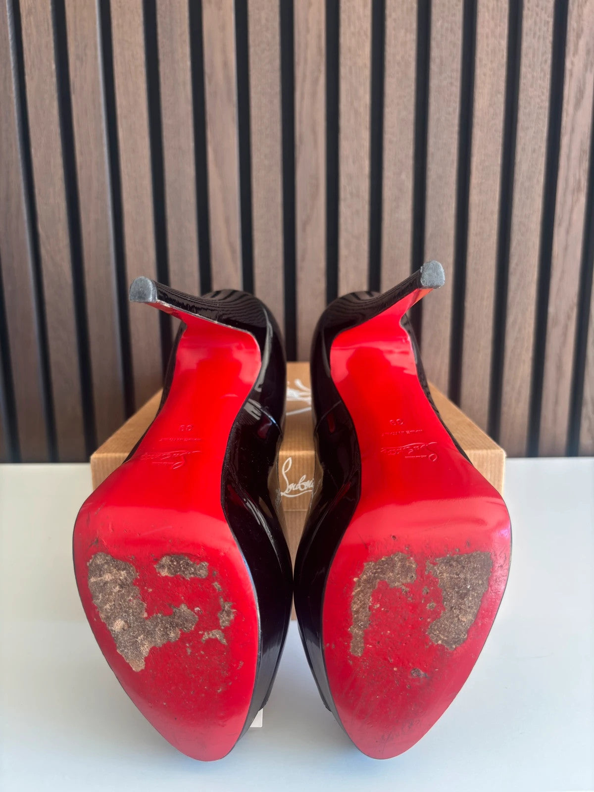 Christian Louboutin Lady Peep Black (image 5) Christian Louboutin Lady Peep 150 Black Patent Leather Heels - heel and construction