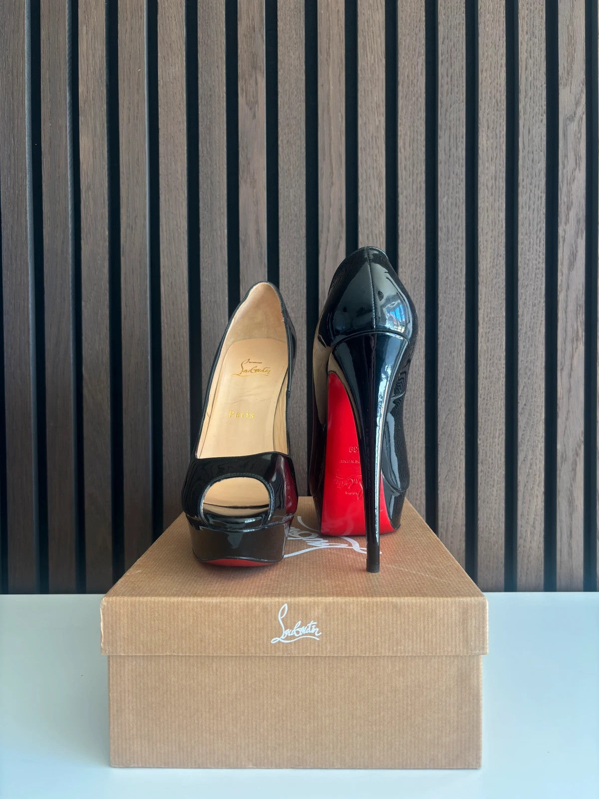 Christian Louboutin Lady Peep Black (image 2) Christian Louboutin Lady Peep 150 Black Patent Leather Heels - alternate angle