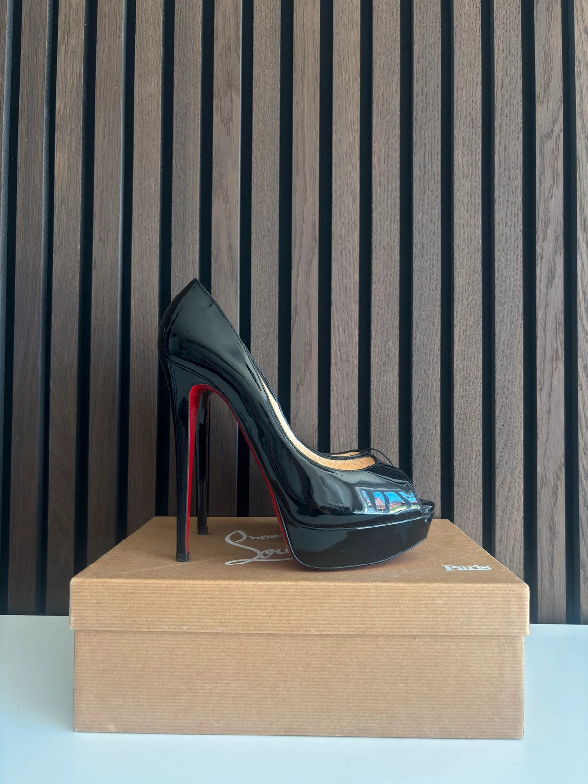 Christian Louboutin Lady Peep Black (image 6) Christian Louboutin Lady Peep 150 Black Patent Leather Heels - additional view 6