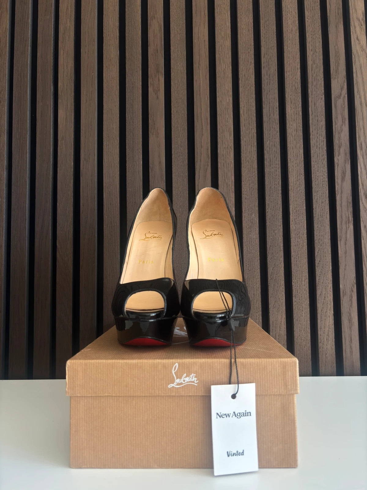 Christian Louboutin Lady Peep Black (image 3) Christian Louboutin Lady Peep 150 Black Patent Leather Heels - detail view