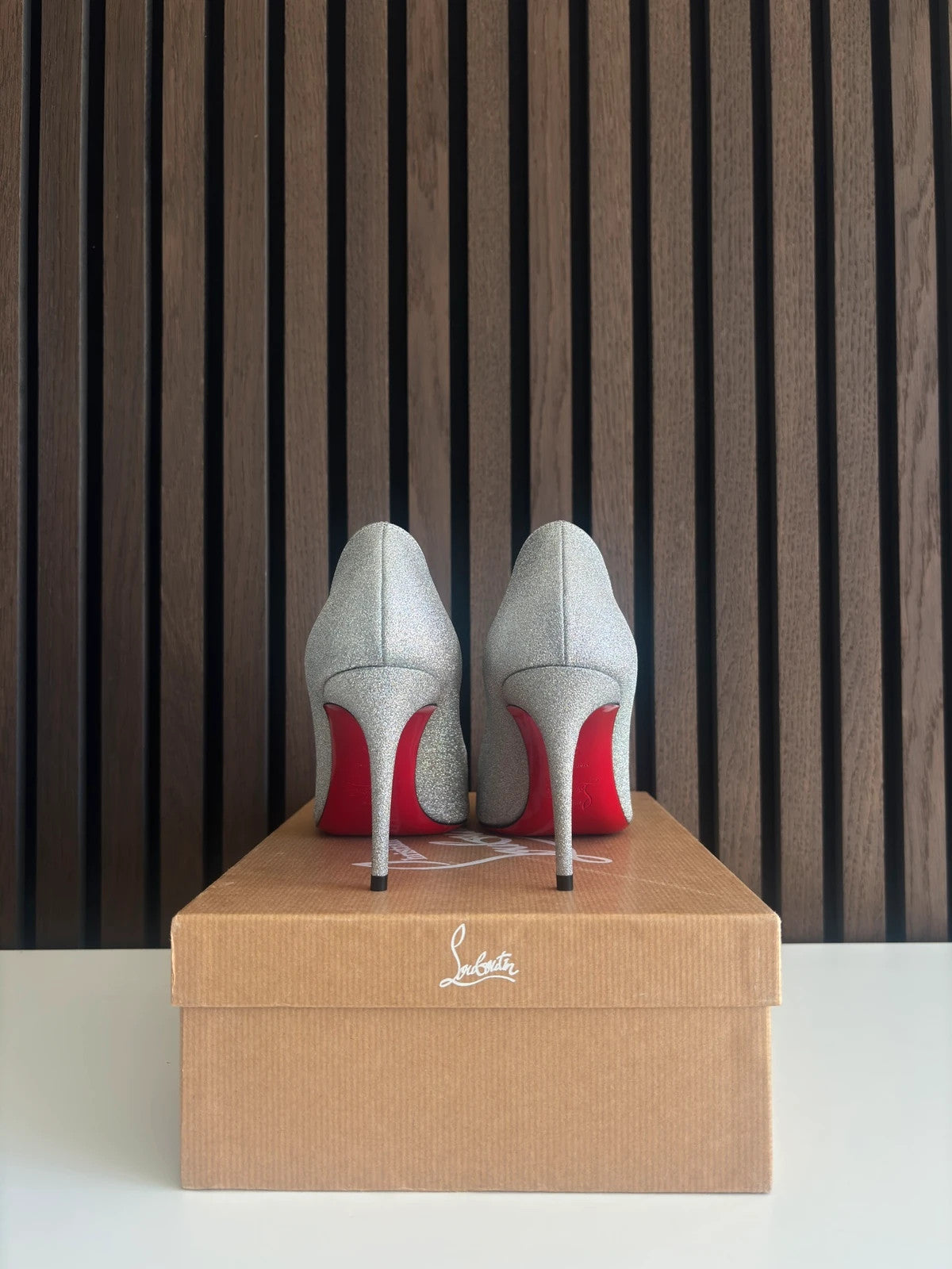 Christian Louboutin Kate Silver (image 4) Christian Louboutin Kate 85 Silver Leather Heels - red sole detail