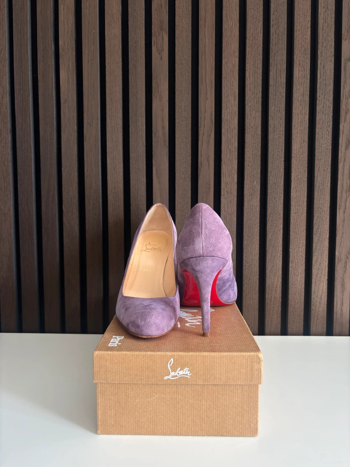 Christian Louboutin Simple Pump Lilac (image 5) Christian Louboutin Simple Pump 85 Lilac Suede Heels - heel and construction