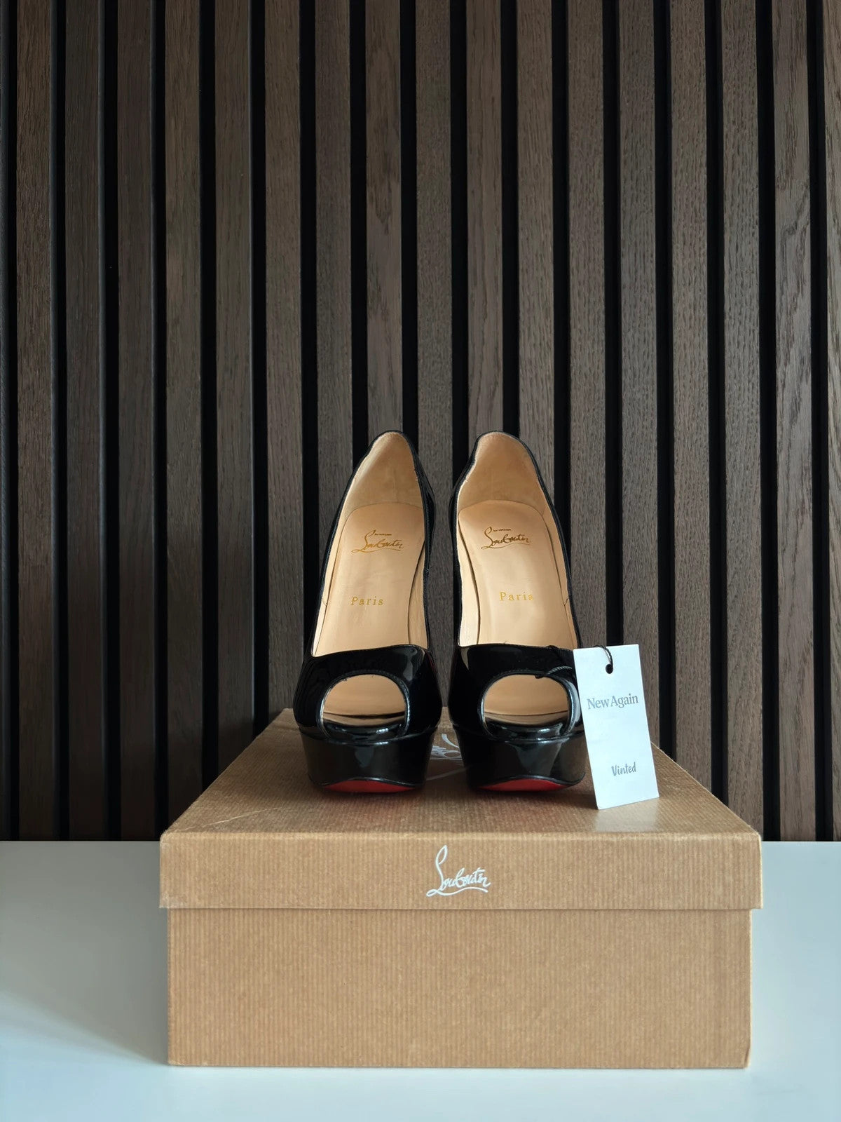 Christian Louboutin Lady Peep Red (image 4) Christian Louboutin Lady Peep 150 Red Patent Leather Heels - red sole detail