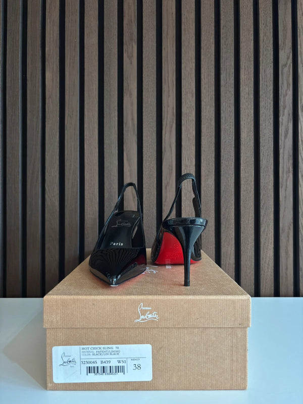Christian Louboutin Hot Chick 100 Black Patent Leather Heels - Detail