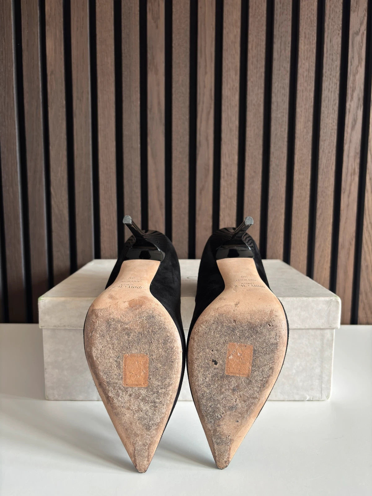 Jimmy Choo Anouk Black (image 5) Jimmy Choo Anouk 120 Black Suede Pointed Heels - heel and construction