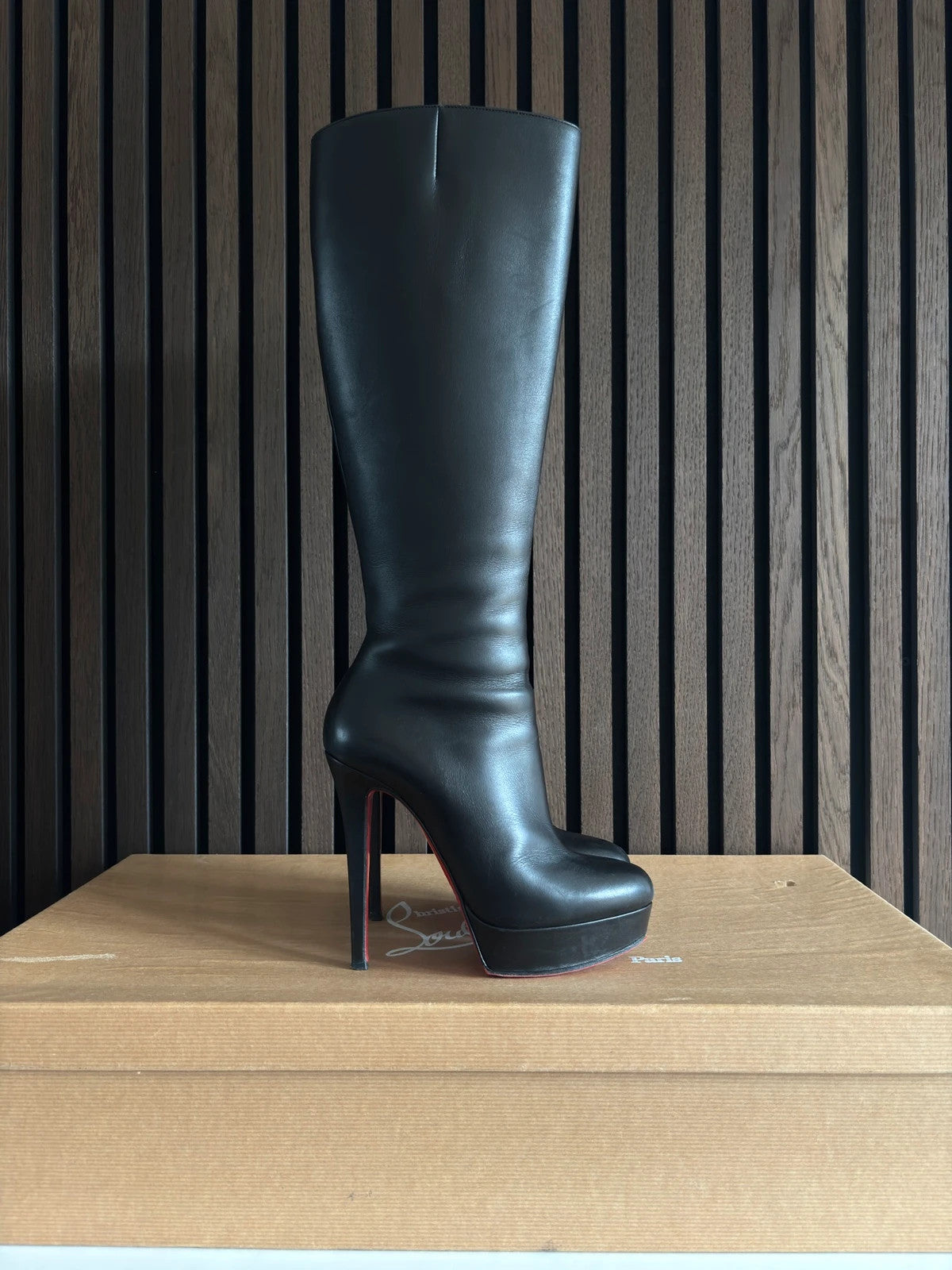 Christian Louboutin Bianca Black (image 5) Christian Louboutin Bianca 140 Black Leather Knee-High Boots - heel and construction