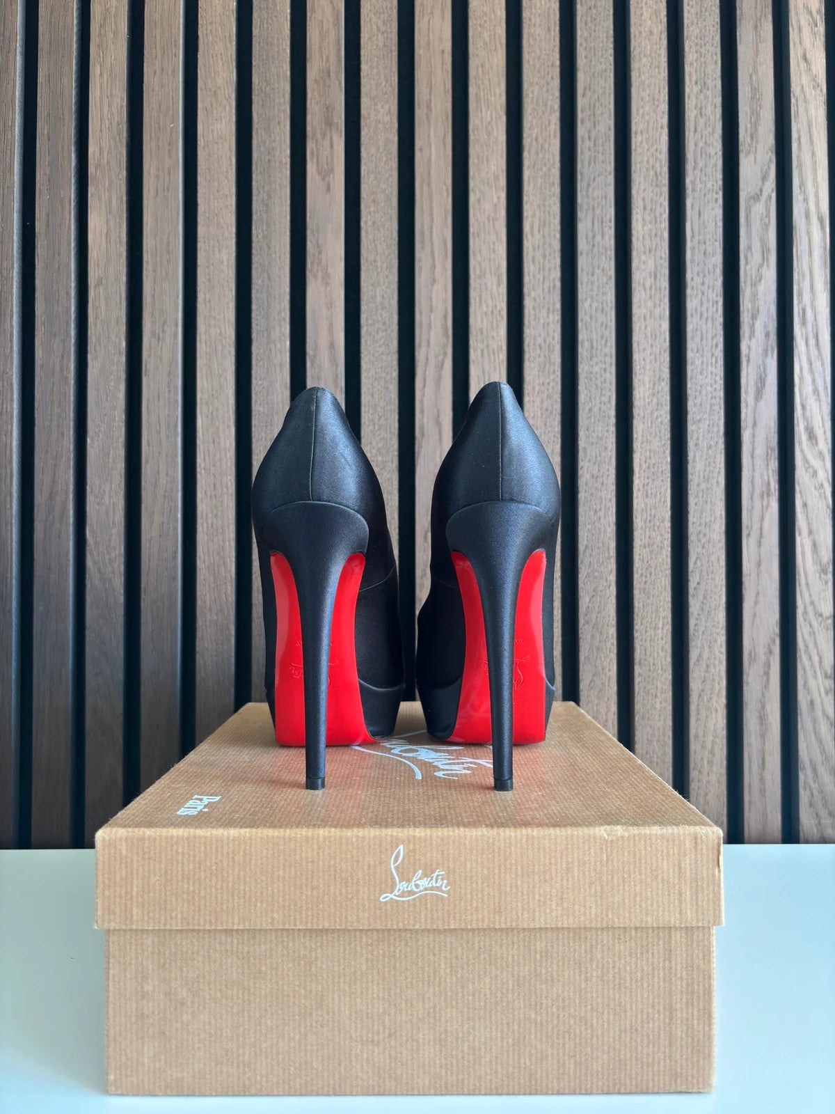 Christian Louboutin Bianca Black (image 3) Christian Louboutin Bianca 140 Black Satin Heels - detail view