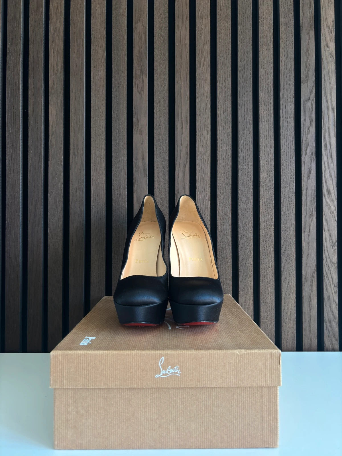 Christian Louboutin Bianca Black (image 4) Christian Louboutin Bianca 140 Black Satin Heels - red sole detail