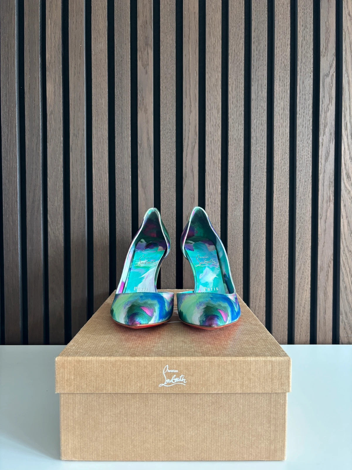 Christian Louboutin Iriza Multicolour (image 4) Christian Louboutin Iriza 100 Multicolour Satin Heels - red sole detail