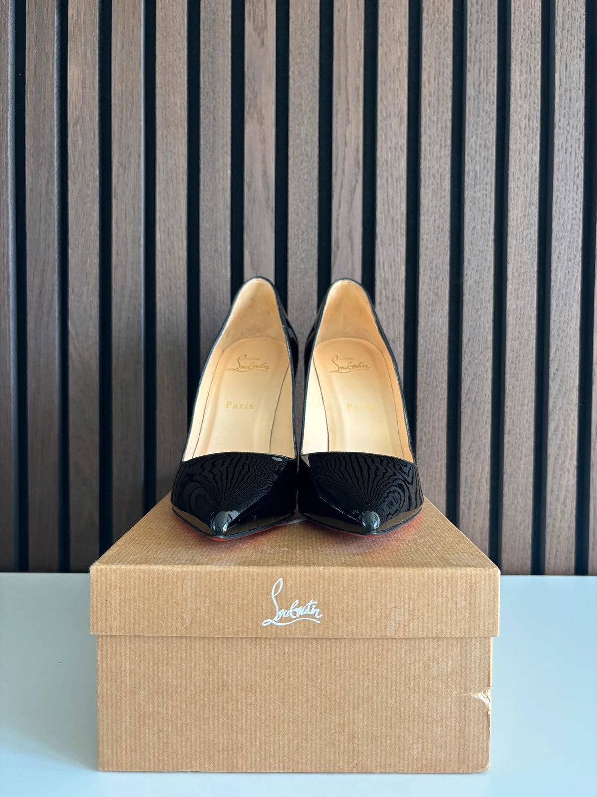 Christian Louboutin Pigalle Black (image 3) Christian Louboutin Pigalle 100 Black Patent Leather Heels - detail view