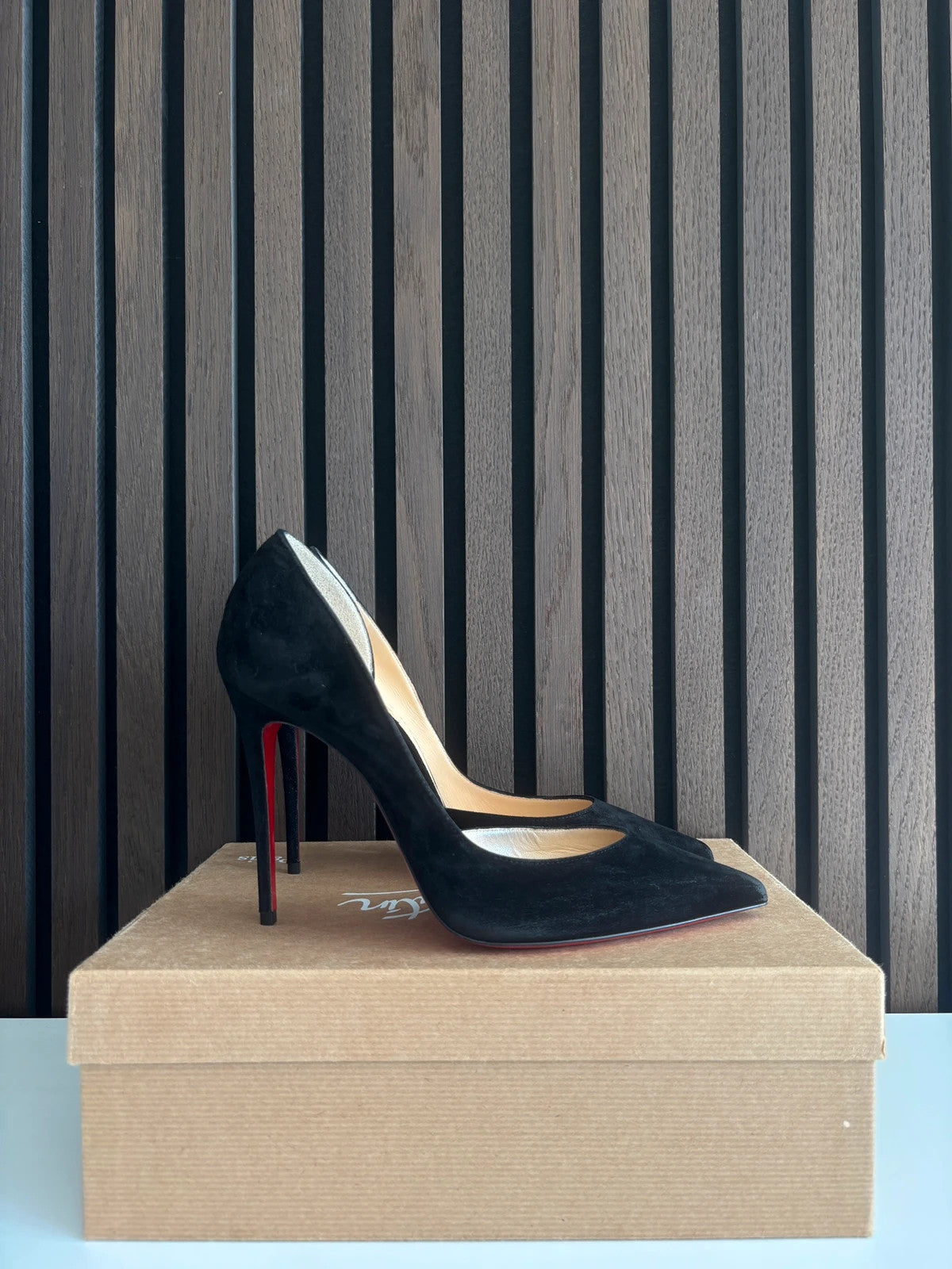 Christian Louboutin Iriza Black (image 4) Christian Louboutin Iriza 100 Black Veau Velour Suede Heels - red sole detail
