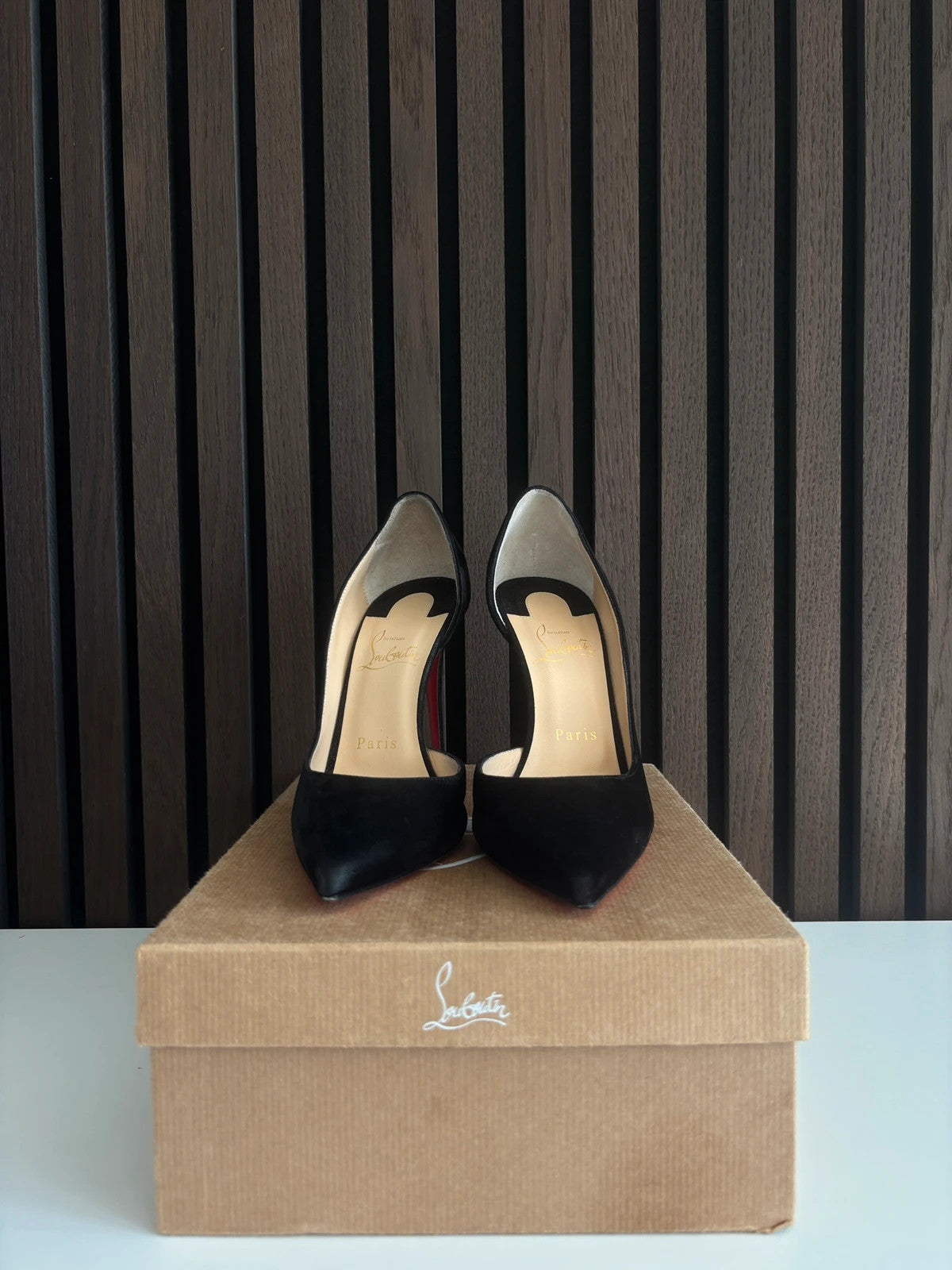 Christian Louboutin Iriza Black (image 3) Christian Louboutin Iriza 100 Black Veau Velour Suede Heels - detail view