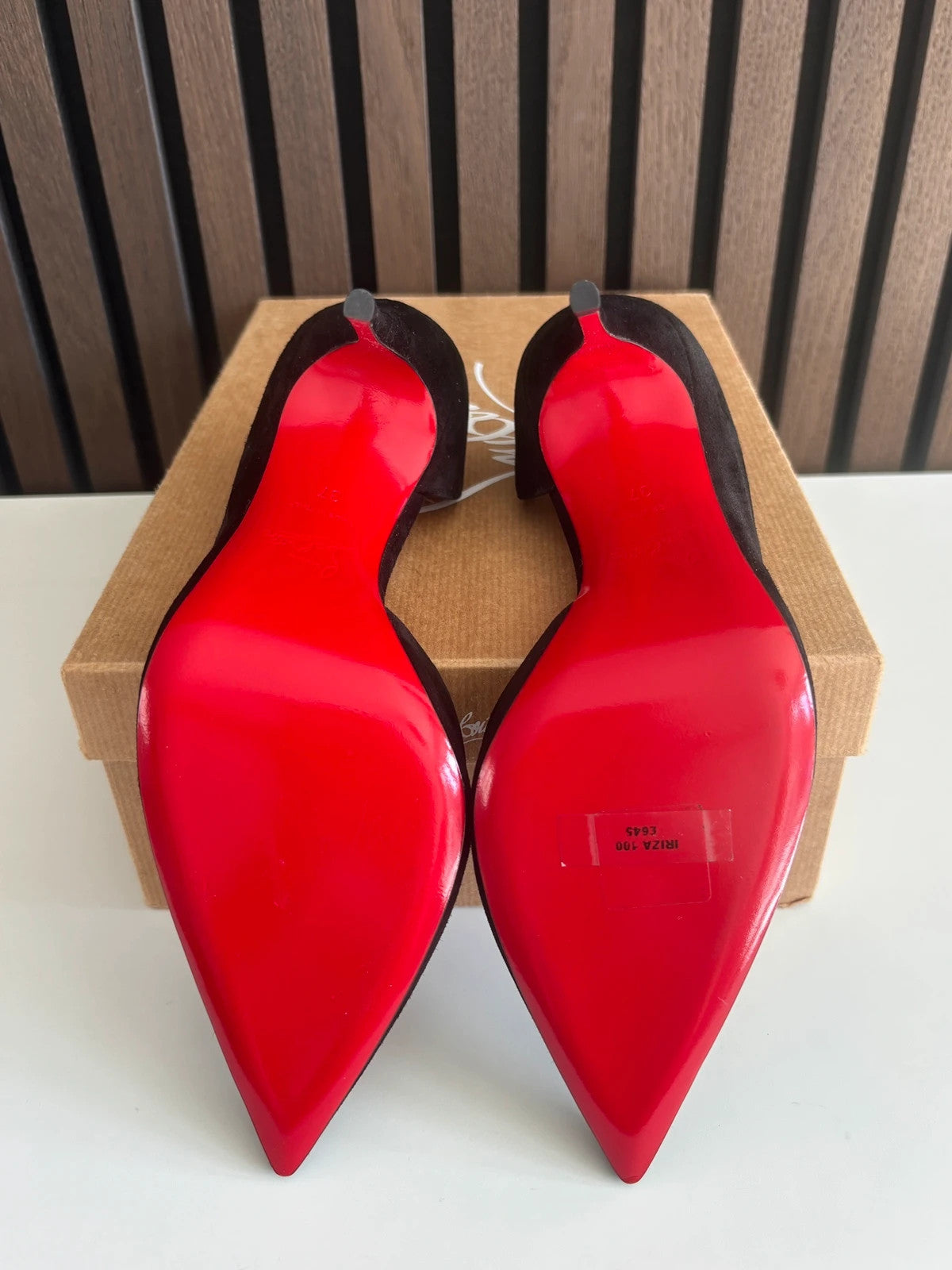 Christian Louboutin Iriza Black (image 5) Christian Louboutin Iriza 100 Black Veau Velour Suede Heels - heel and construction