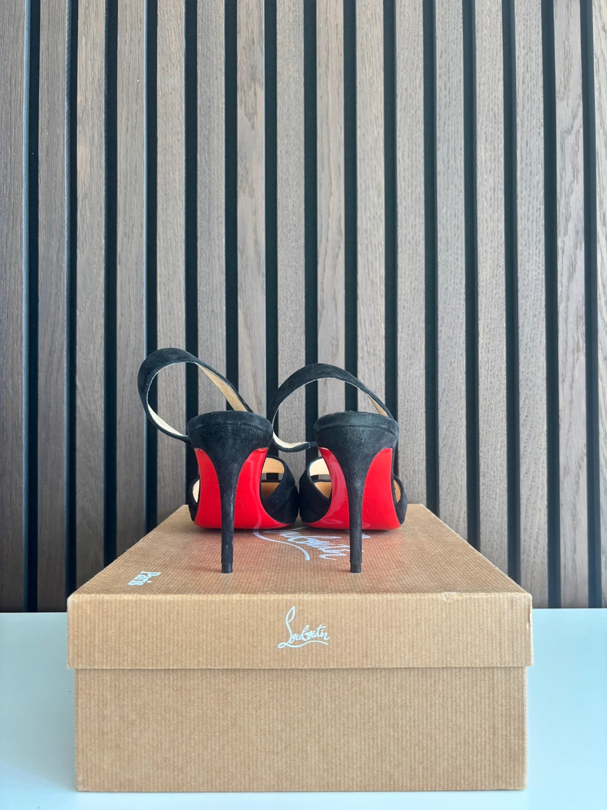 Christian Louboutin Actina Black (image 4) Christian Louboutin Actina 85 Black Suede Heels - red sole detail