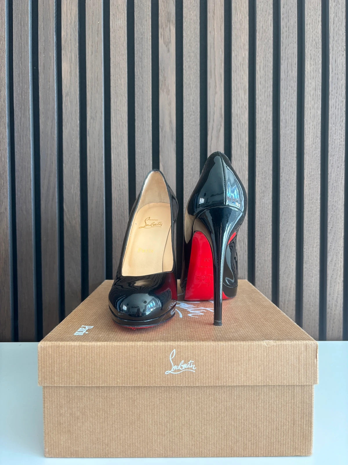 Christian Louboutin Simple Pump Black (image 2) Christian Louboutin Simple Pump 85 Black Patent Leather Heels - alternate angle
