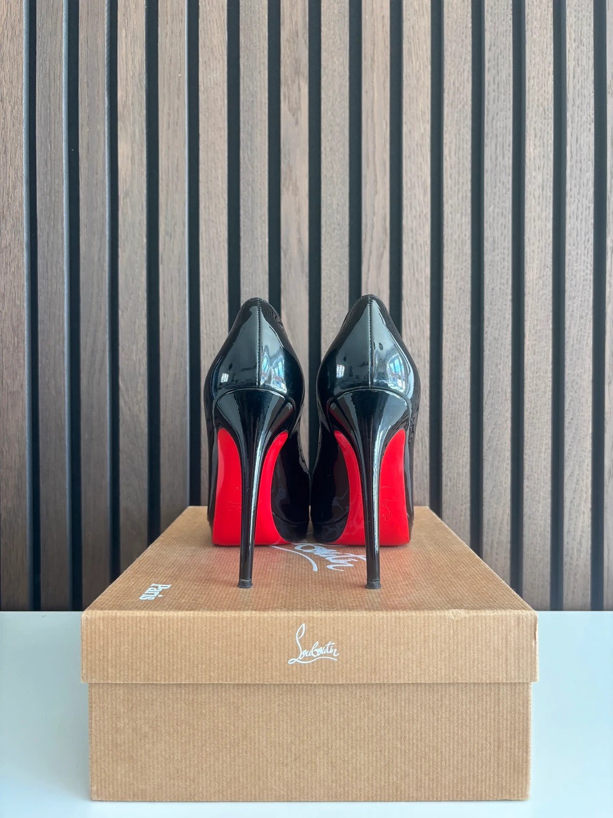Christian Louboutin Simple Pump Black (image 3) Christian Louboutin Simple Pump 85 Black Patent Leather Heels - detail view