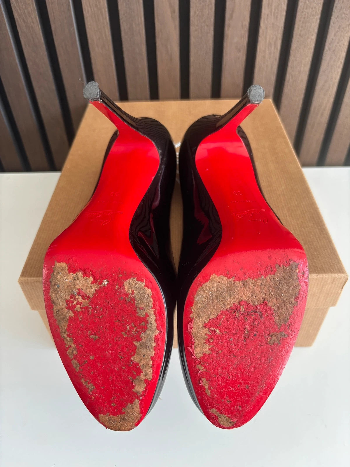 Christian Louboutin Simple Pump Black (image 5) Christian Louboutin Simple Pump 85 Black Patent Leather Heels - heel and construction